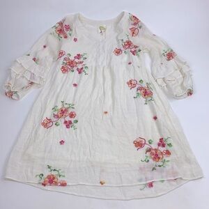 Anthropologie Fig and Flower embroidered Ruffled Sleeve Dress Small Creme Pink